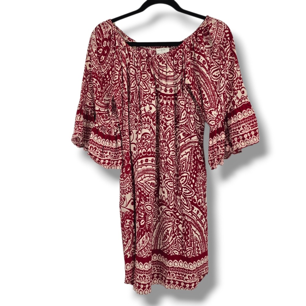 Umgee Red Paisley Boho Bell Sleeve Mini Dress‎ Small Off Shoulder Relaxed